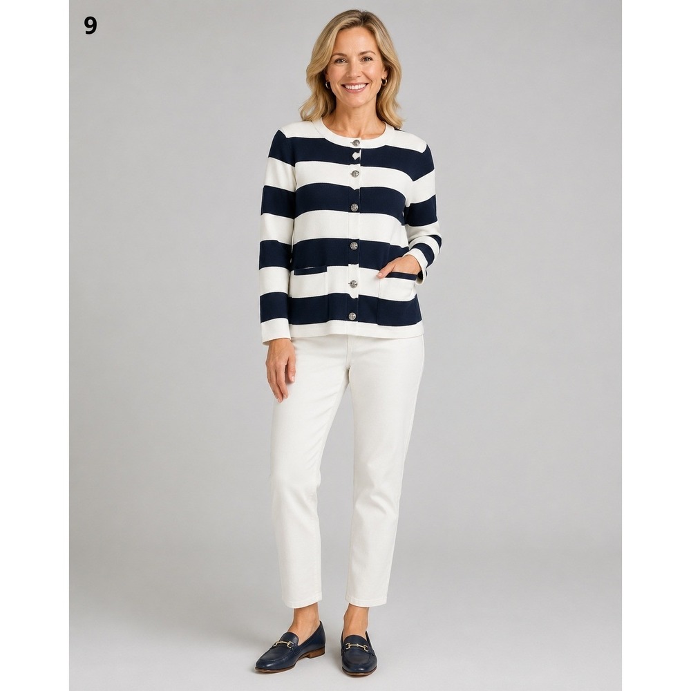 Chaps Cardigan Sweater Petite Medium White Blue Nautical Pockets Button Front - Picture 1 of 8